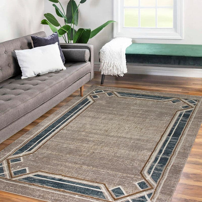 Star Modern Beige Blue Frame Rug - Kristal Carpets