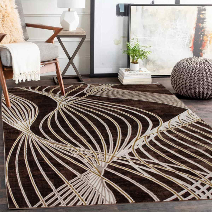 First Class Polyester Brown Gold Spiral Rug - Kristal Carpets