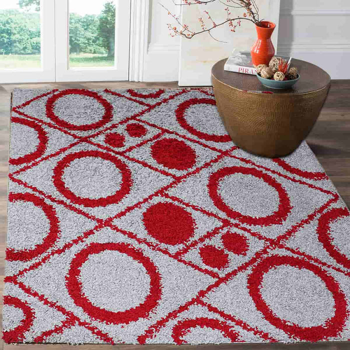 Halhal Polypropylene Shaggy Red Circle Rug 150x200 - Kristal Carpets